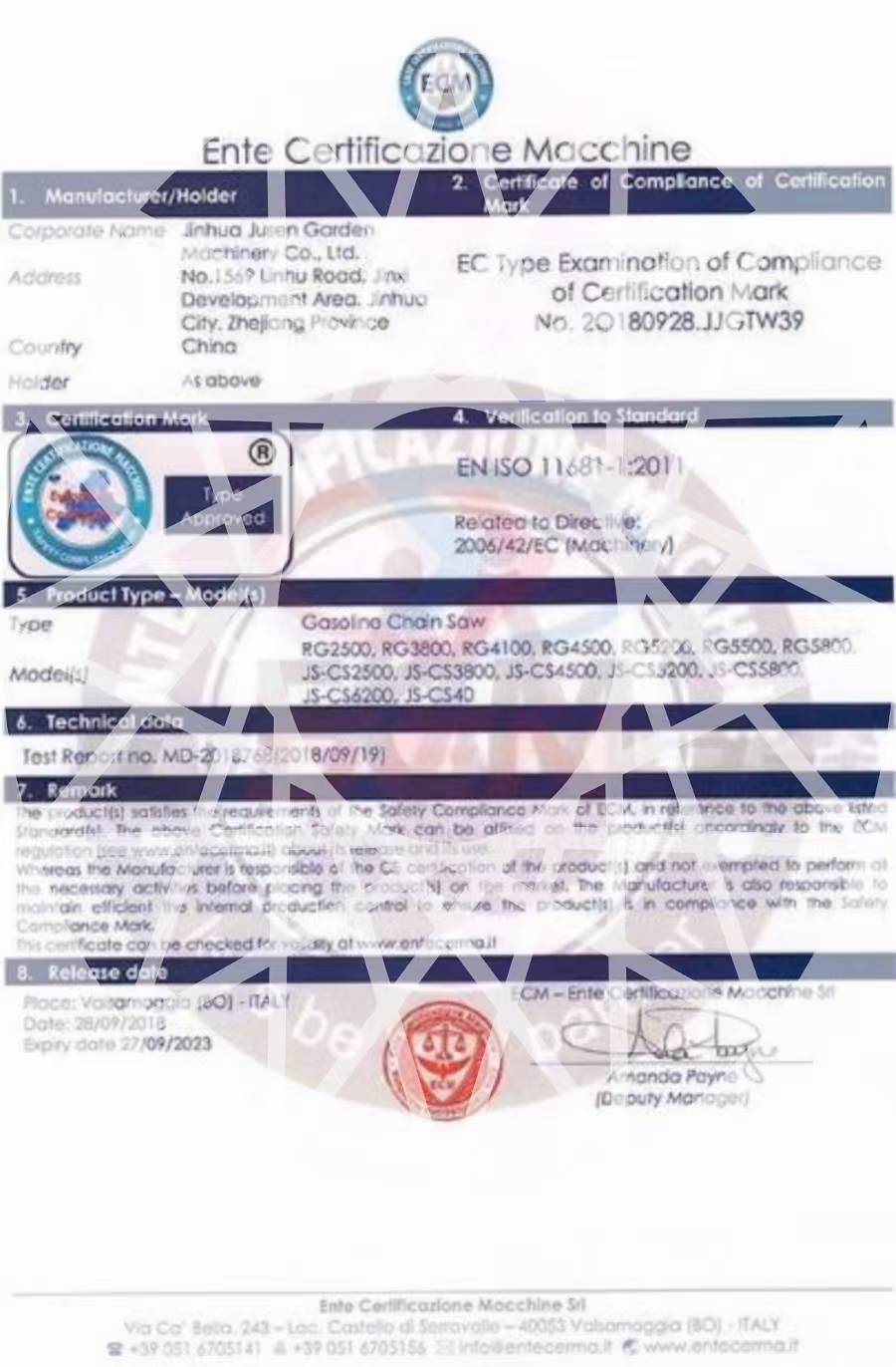 Gasoline Chain Saw Ente Certificazione Macchine